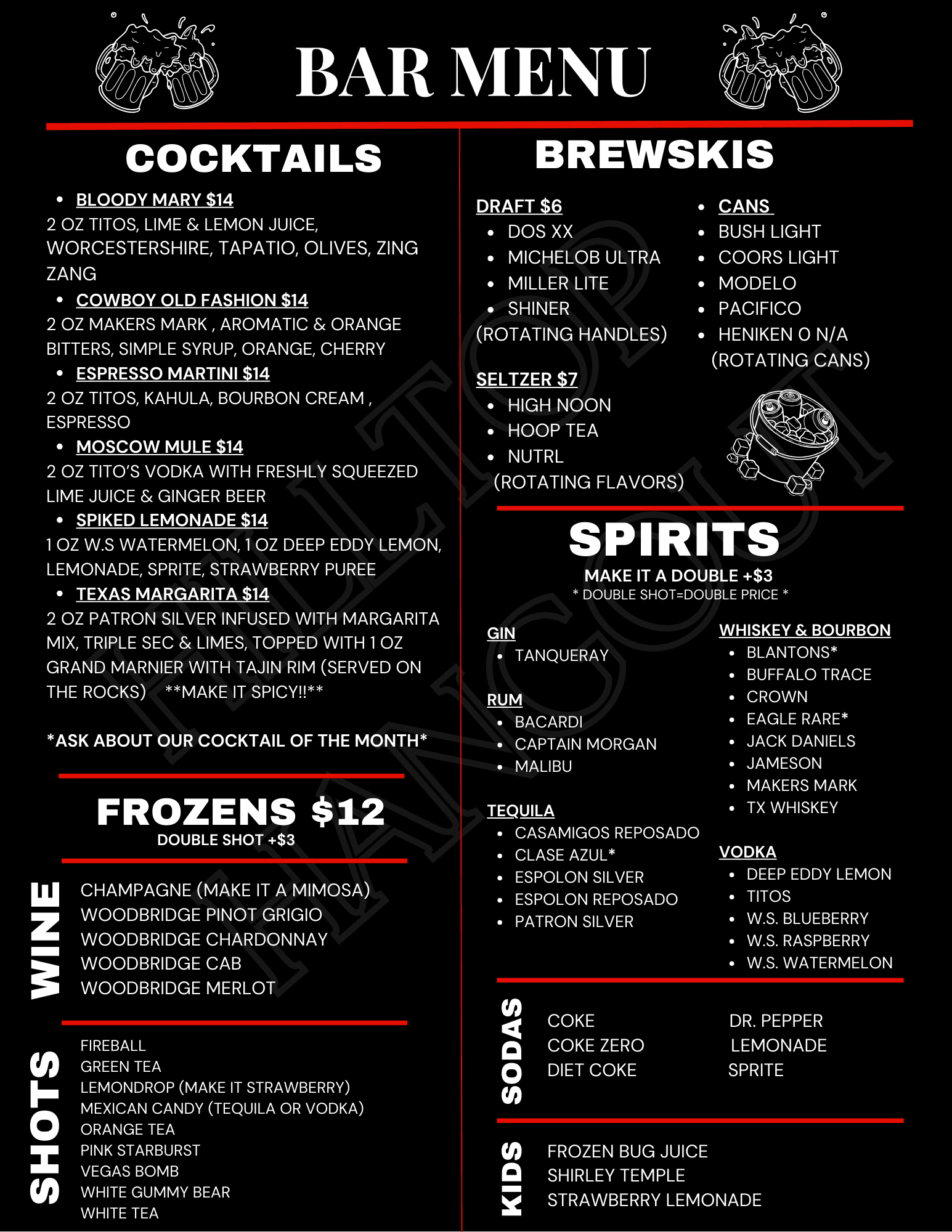 Hilltop Truck Park bar menu — cocktails, beer, wine, spirits, and more