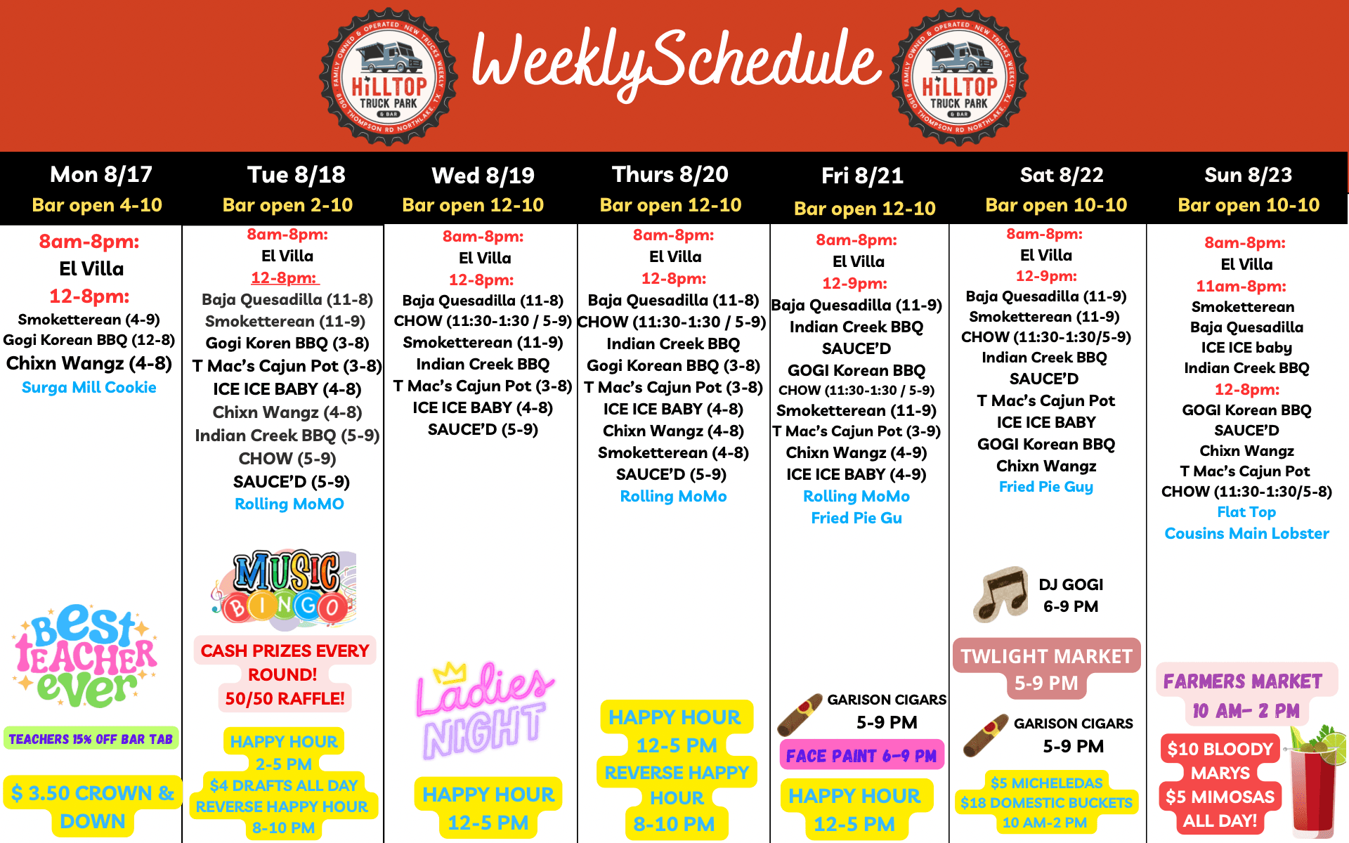 Weekly schedule at Hilltop Truck Park
