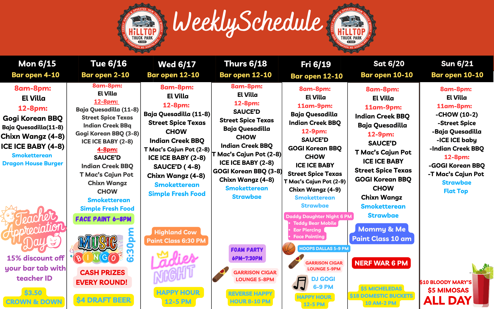 Weekly schedule at Hilltop Truck Park
