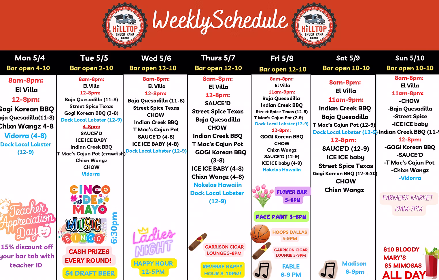 Weekly schedule at Hilltop Truck Park