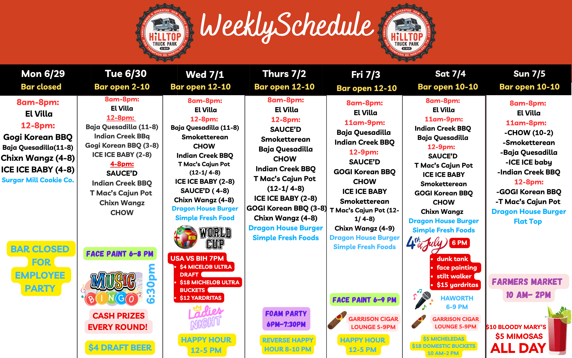 Weekly schedule at Hilltop Truck Park